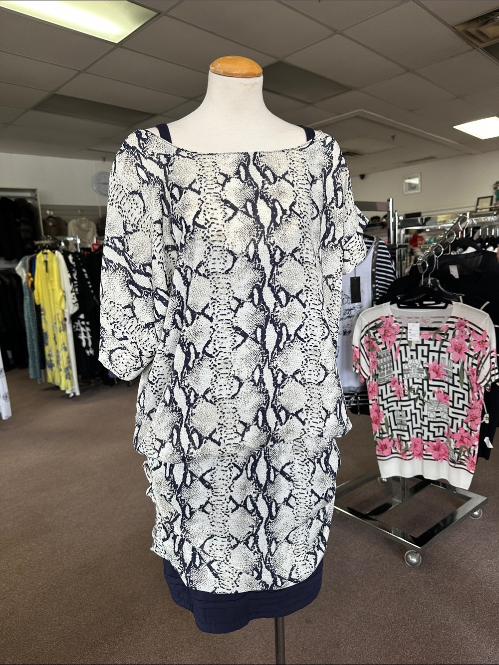 Cop.Copine White and Navy Snake Print Midi Dress